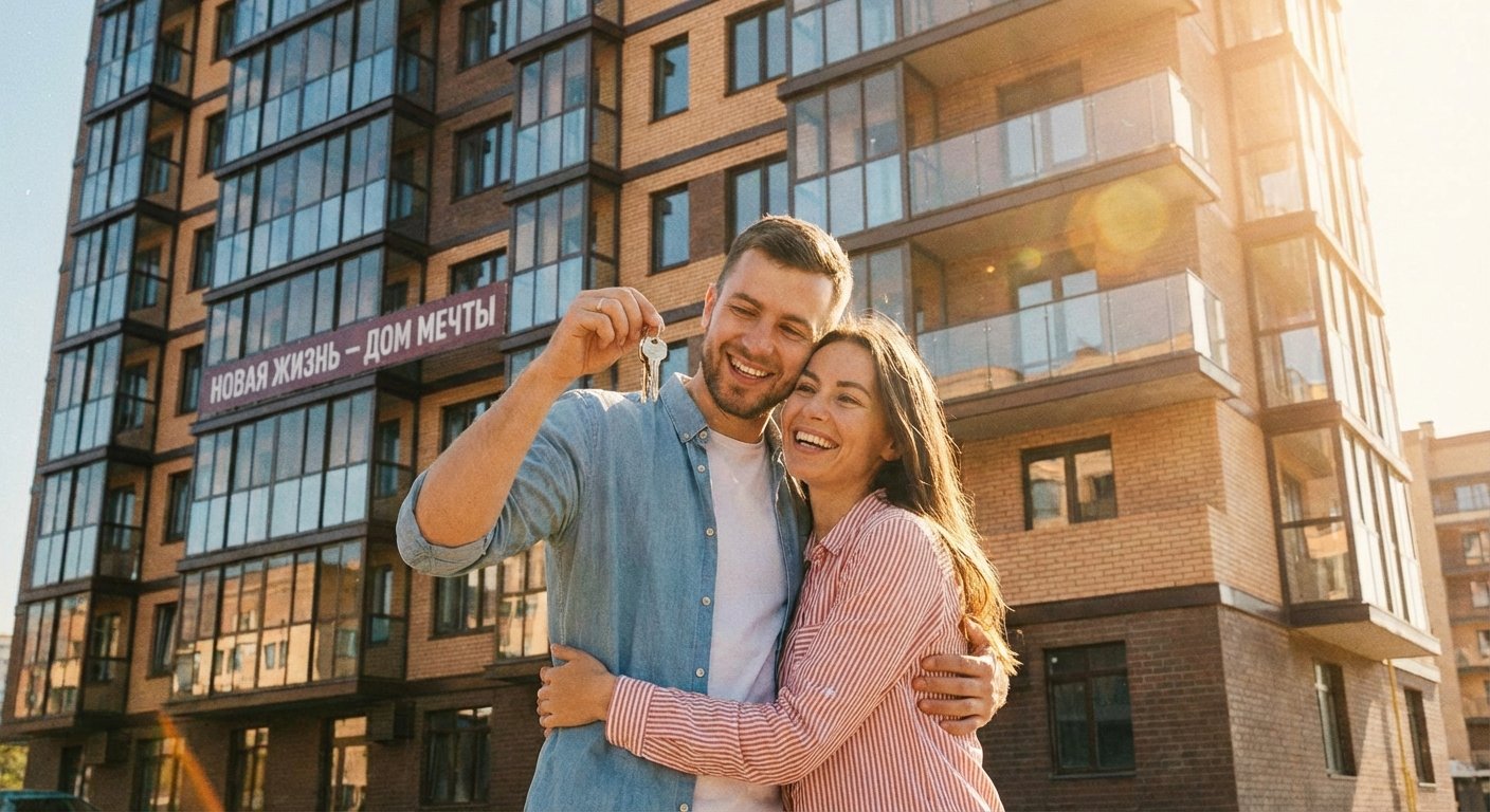 Молодая пара получает ключи от новой квартиры